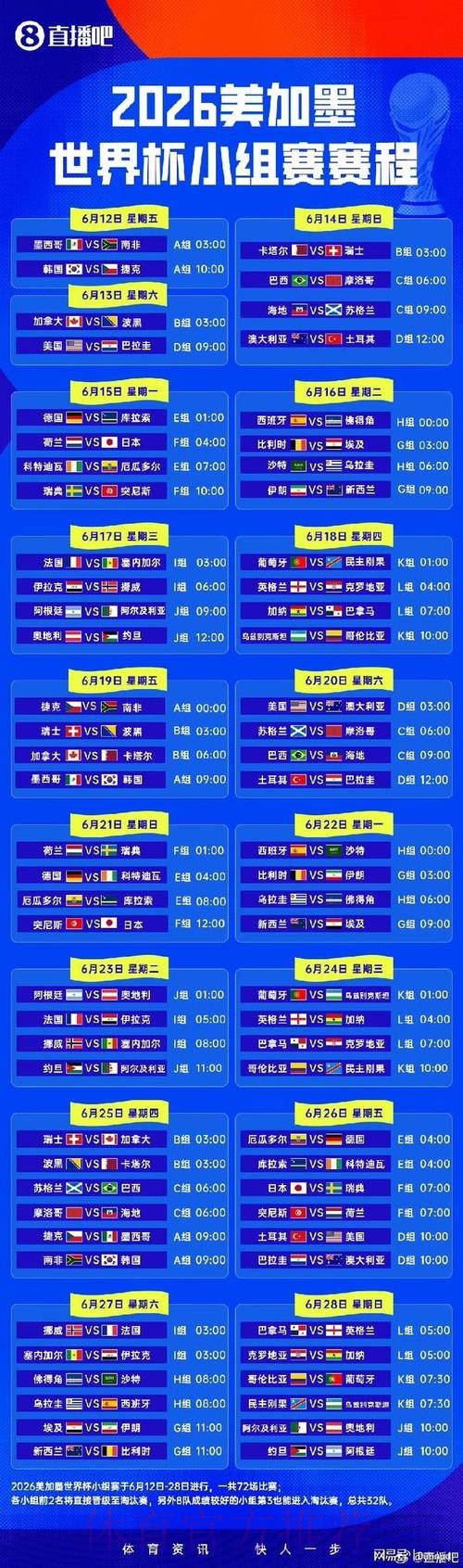 2026世界杯小组赛赛程详细安排实时赛程在哪里看